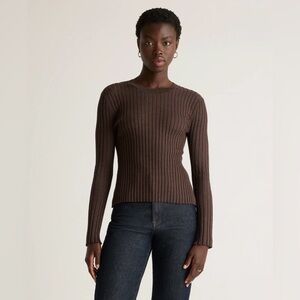 Quince Mocha Heather Ribbed Knit Long Sleeve Cashmere Cotton Sweater